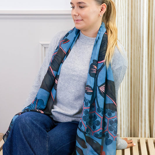 POM Hannah Teal and Pink Multi Print Recycled Blend Scarf