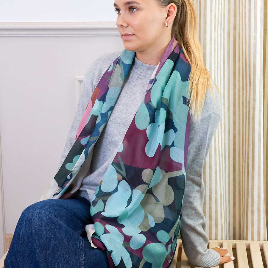 POM Florence Plum and Teal Mix Oversize Botanical Print Recycled Blend Scarf