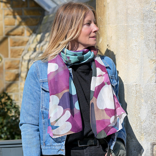 POM Florence Plum and Teal Mix Oversize Botanical Print Recycled Blend Scarf