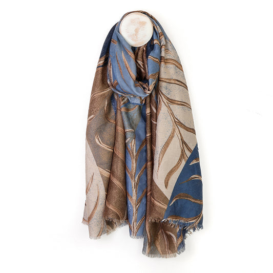 POM Willow Denim and Taupe Mix Oversize Leaf Print Scarf