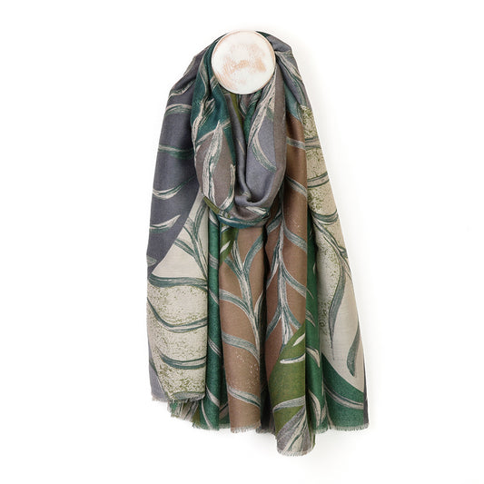 POM Willow Green and Taupe Mix Oversize Leaf Print Scarf