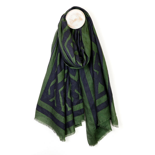 POM Amber Rich Green and Navy Mix Abstract Geo Print Scarf