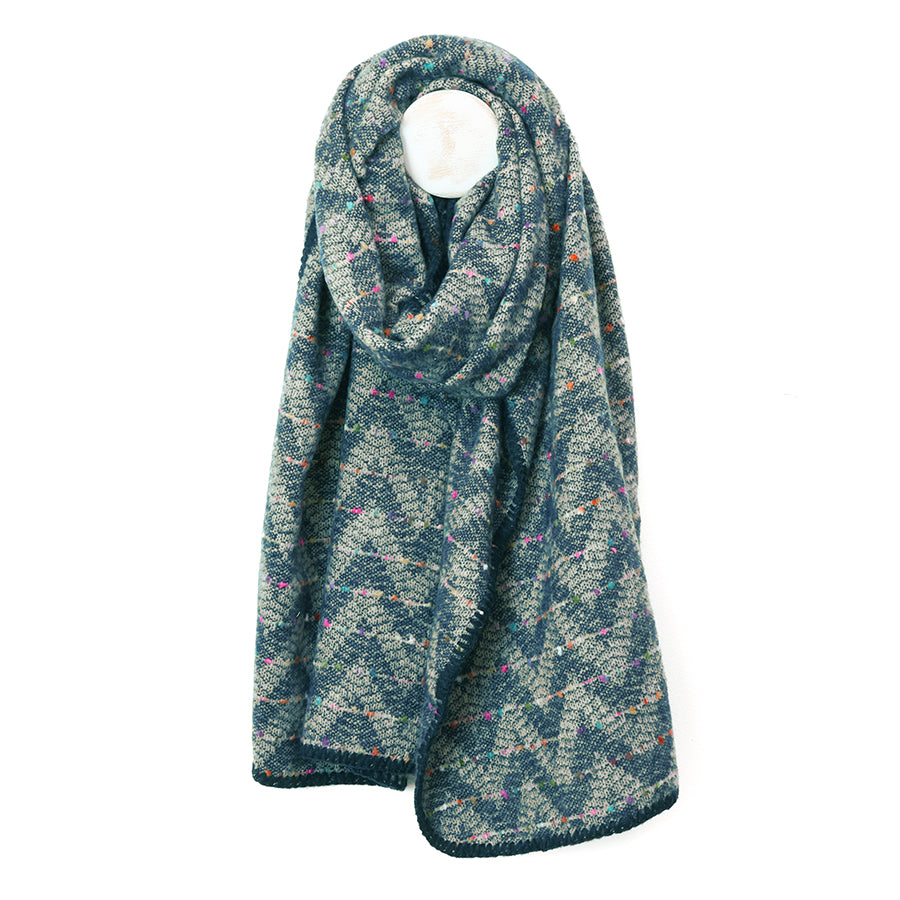 POM Tara Teal Mix Chevron Weave Stitch Detail Triangle Scarf