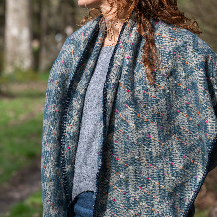 POM Tara Teal Mix Chevron Weave Stitch Detail Triangle Scarf