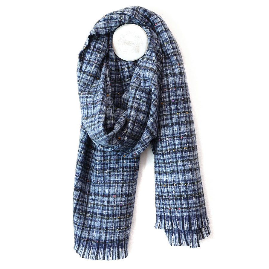 POM Chelsea Navy Mix Check Weave Scarf with Metallic Thread
