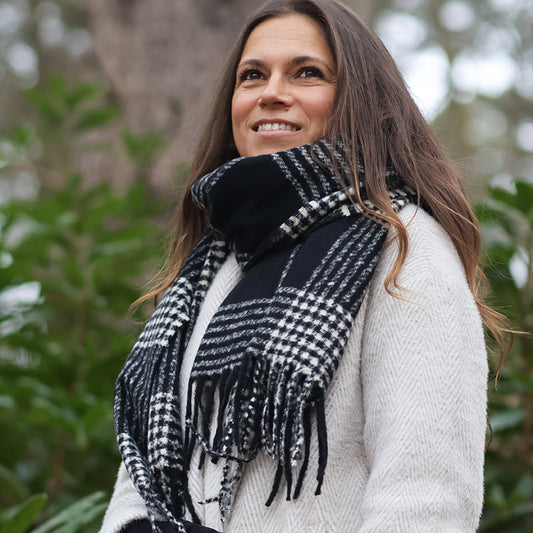 POM Emily Monochrome Check Stripes Scarf