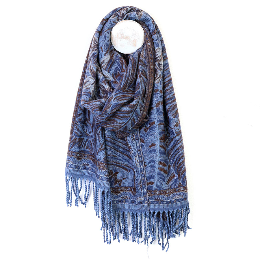 POM Celia Blue and Brown Mix Reversible Ornate Fern Leaf Scarf