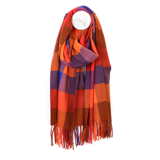 POM Esme Orange and Blue Check Scarf
