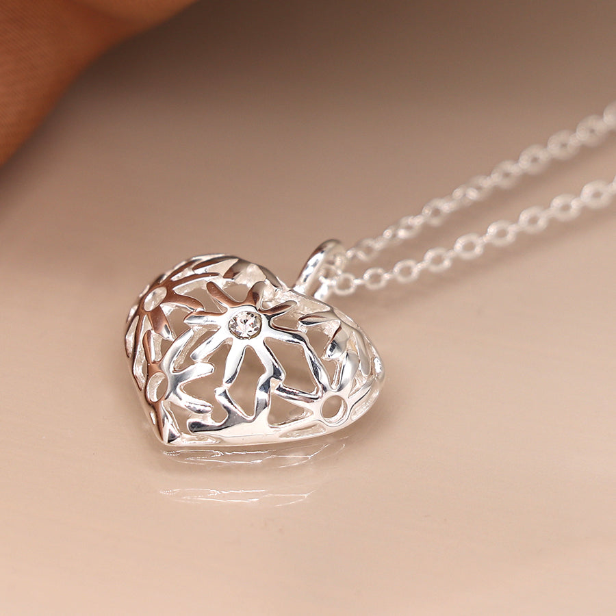 POM Sterling Silver Jali Heart Necklace with Crystal