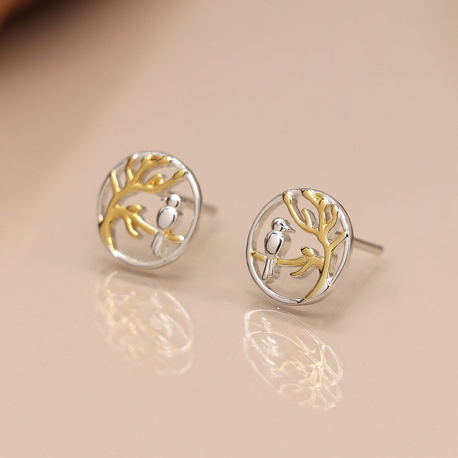 POM Sterling Silver Bird & Tree Stud Earrings with Rose Gold Plating