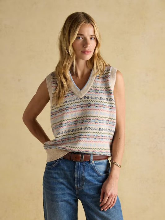 Joules Islay Cream V Neck Fairisle Cotton Rich Vest