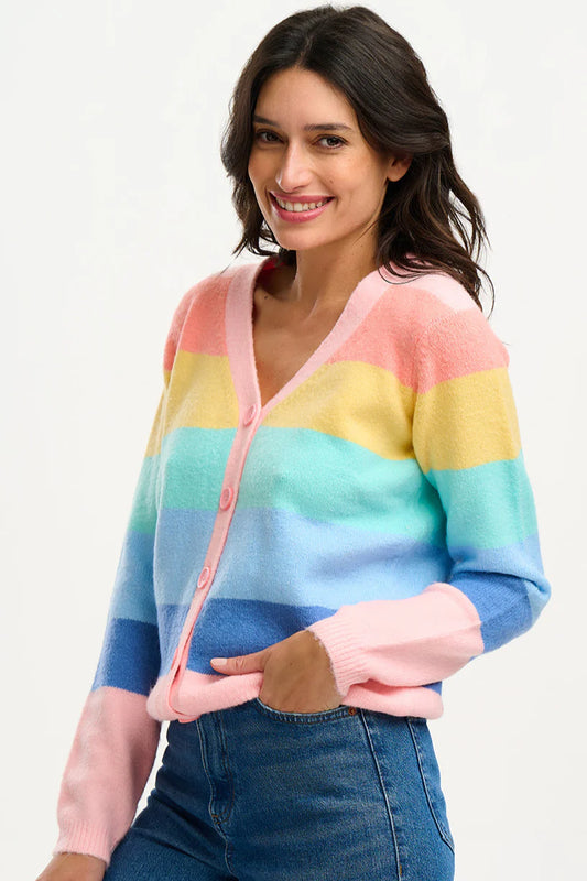 Sugarhill Izzy Cardigan - Multi, Pastel Rainbow Stripes