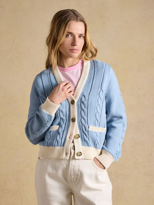 Joules Blue V-Neck Cotton Cable Knitted Cardigan