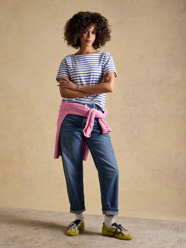 Joules Harbour Cream & Blue Short Sleeve Striped Boat Neck Long Sleeve Breton Top