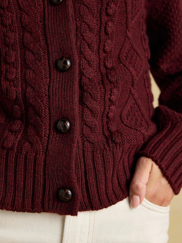Joules Rafferty Wine Red Cable Knit Cardigan
