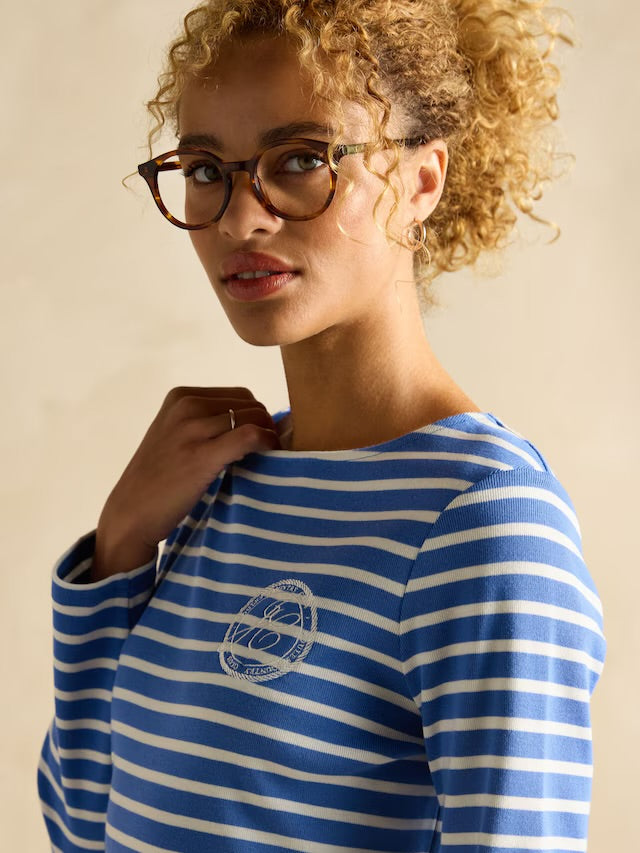 Joules Harbour Blue Stripe Embroidered Boat Neck Breton Top