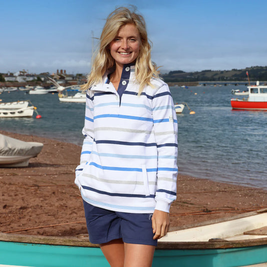 Lazy Jacks Ladies Striped Button Neck Sweatshirt - Blues