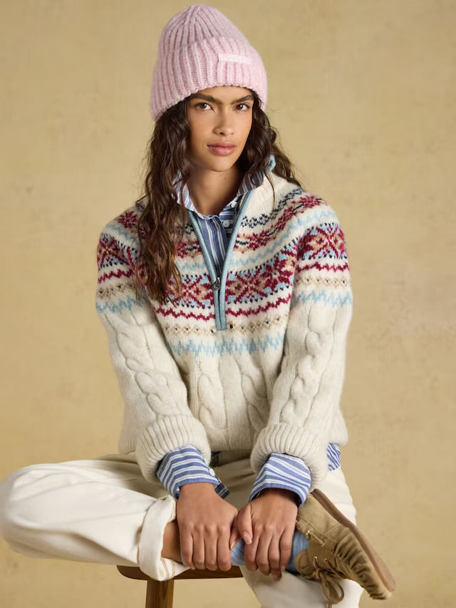 Joules Cream Cable Allaway Knit Fair Isle Half Zip Jumper
