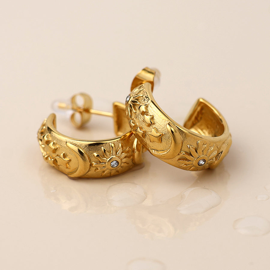 POM Waterproof gold plated moon, star and sun hoop earrings