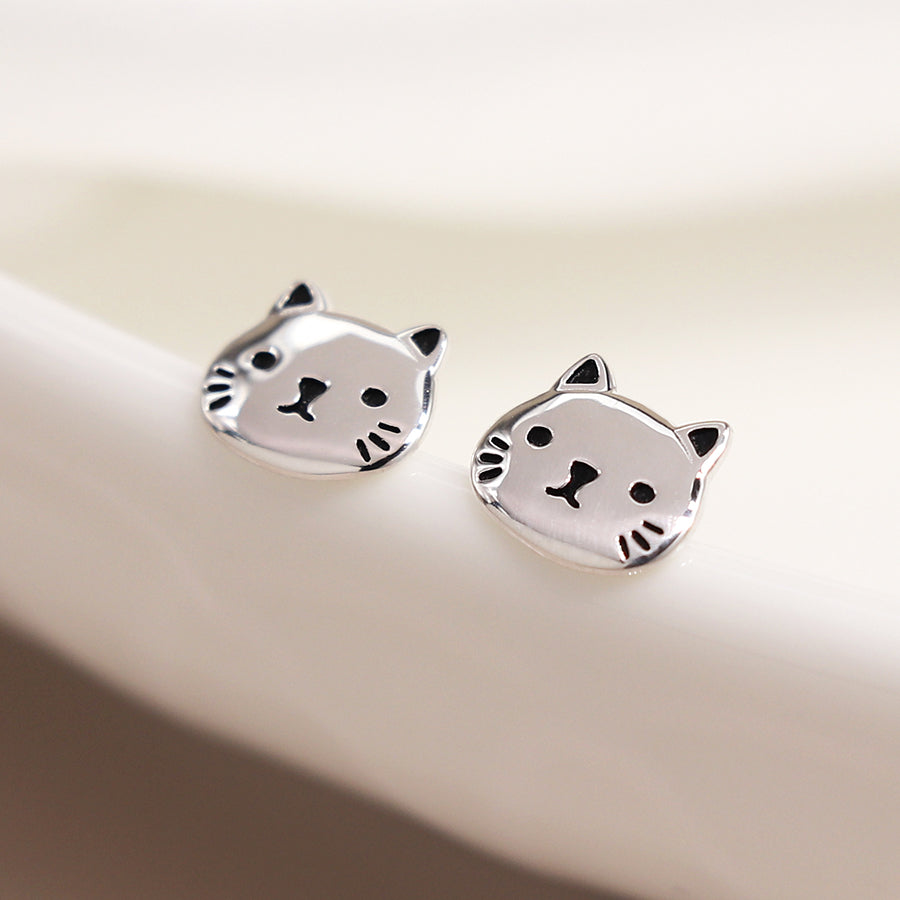 POM Sterling silver cat face stud earrings