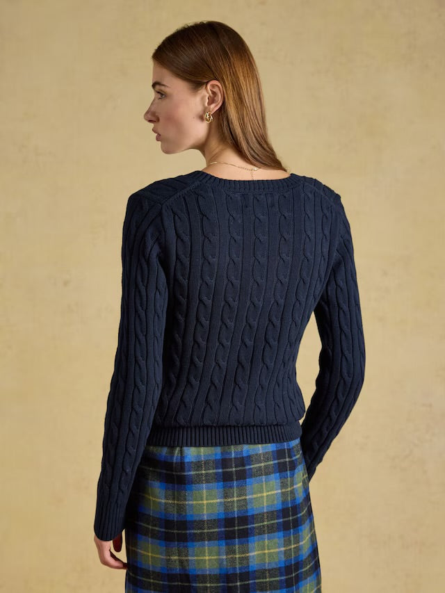 Joules Navy Classic V-Neck Cotton Cable Knit Jumper