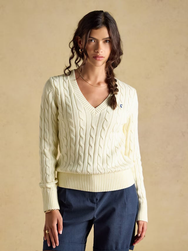 Joules Cream Classic V-Neck Cotton Cable Knit Jumper
