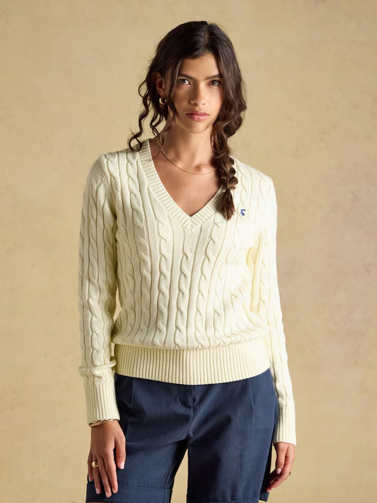 Joules Cream Classic V-Neck Cotton Cable Knit Jumper
