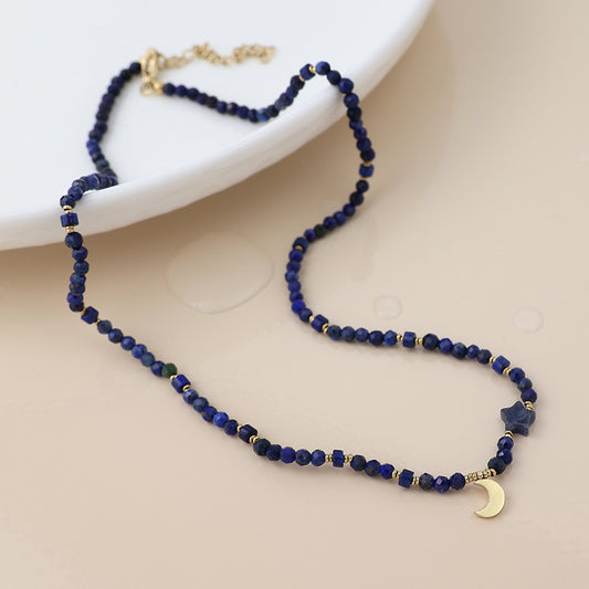 POM Waterproof gold plated lapis and crescent moon necklace