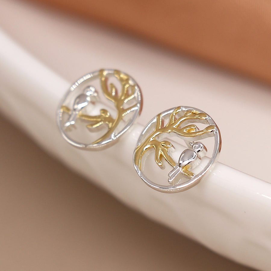 POM Sterling Silver Bird & Tree Stud Earrings with Rose Gold Plating
