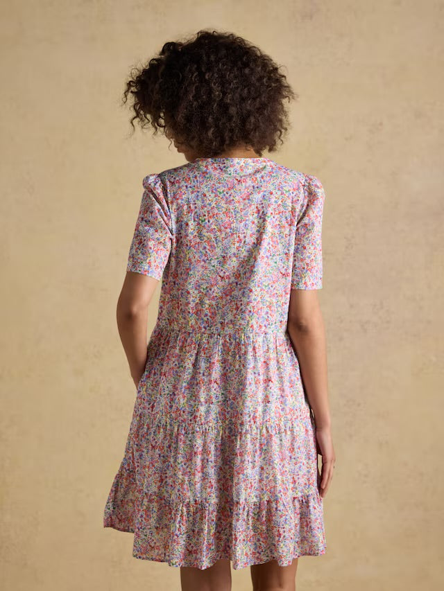 Joules Ariella Pink Ditsy Cotton Tiered Knee Length Dress