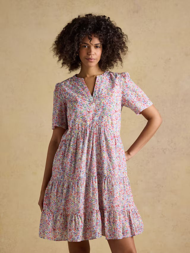 Joules Ariella Pink Ditsy Cotton Tiered Knee Length Dress