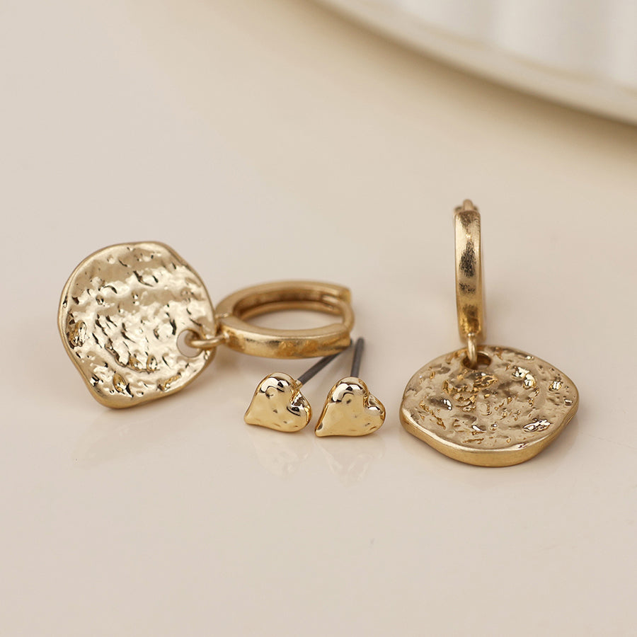 POM Solstice golden textured disc drop hoop and heart stud earring set