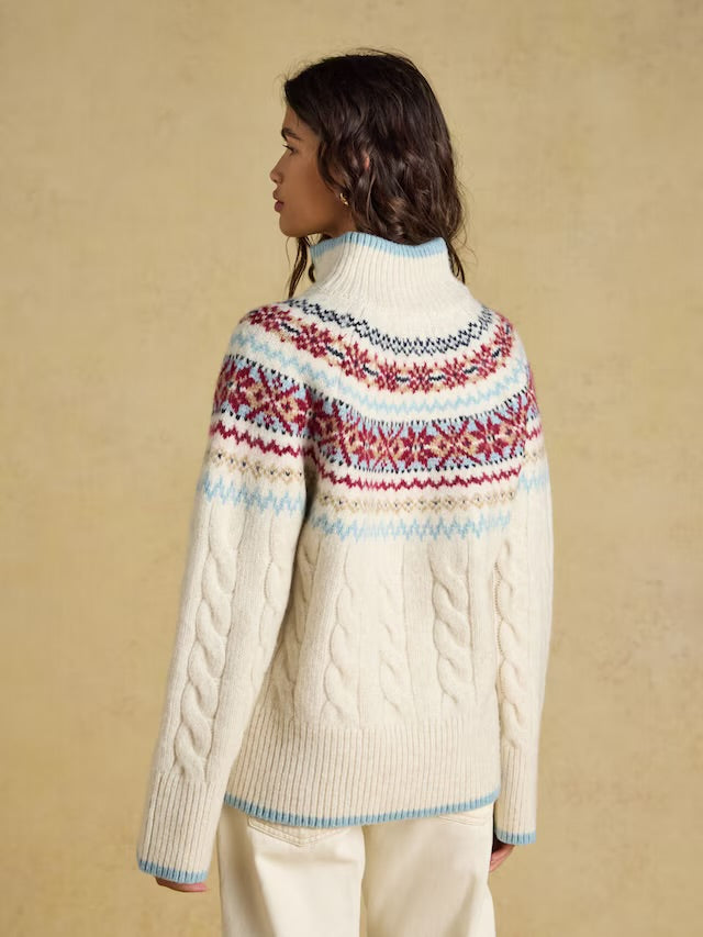 Joules Cream Cable Allaway Knit Fair Isle Half Zip Jumper