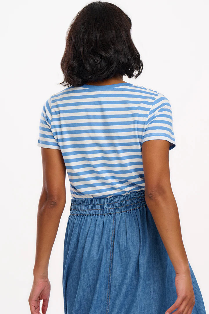 Sugarhill Khloe V-Neck T-Shirt - Off-White/Blue, Stripy Crab