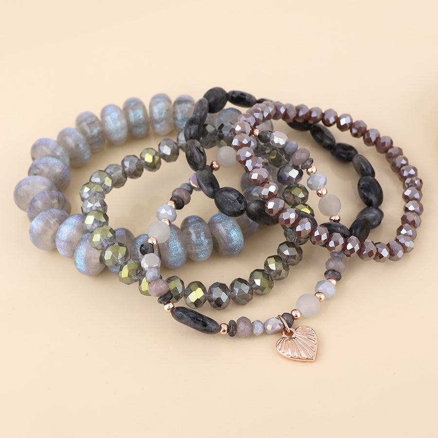 POM Misty five bracelet grey mix beaded stack with rose gold heart