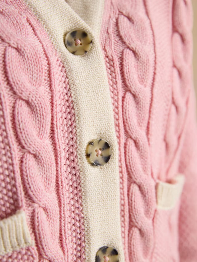 Joules Pink V-Neck Cotton Cable Knitted Cardigan