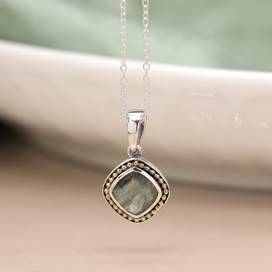 POM  Labradorite Sterling Silver Necklace with Brass Dotted Border