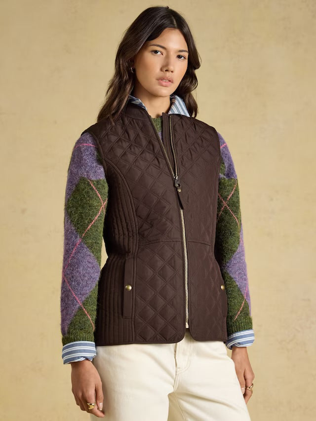 Joules Minx Chocolate Brown Showerproof Diamond Quilted Gilet