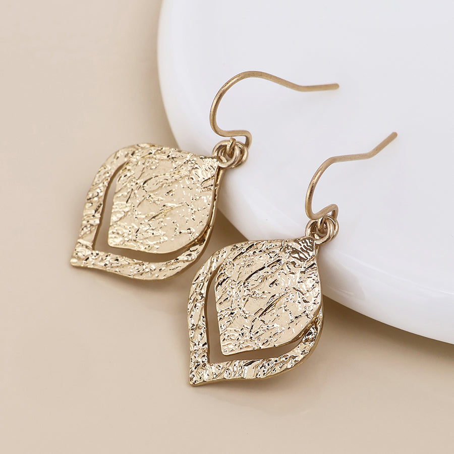 POM Halo golden foil textured layered leaf drop earrings