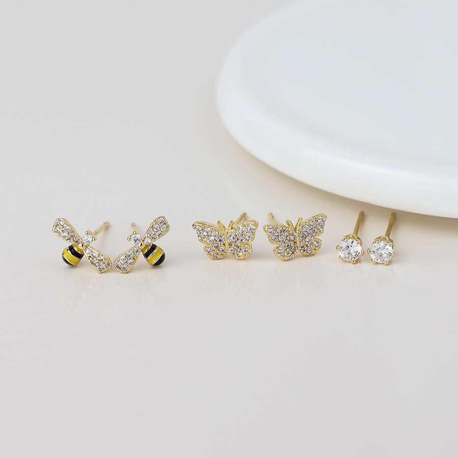 POM Golden butterfly, bee and crystal earring set