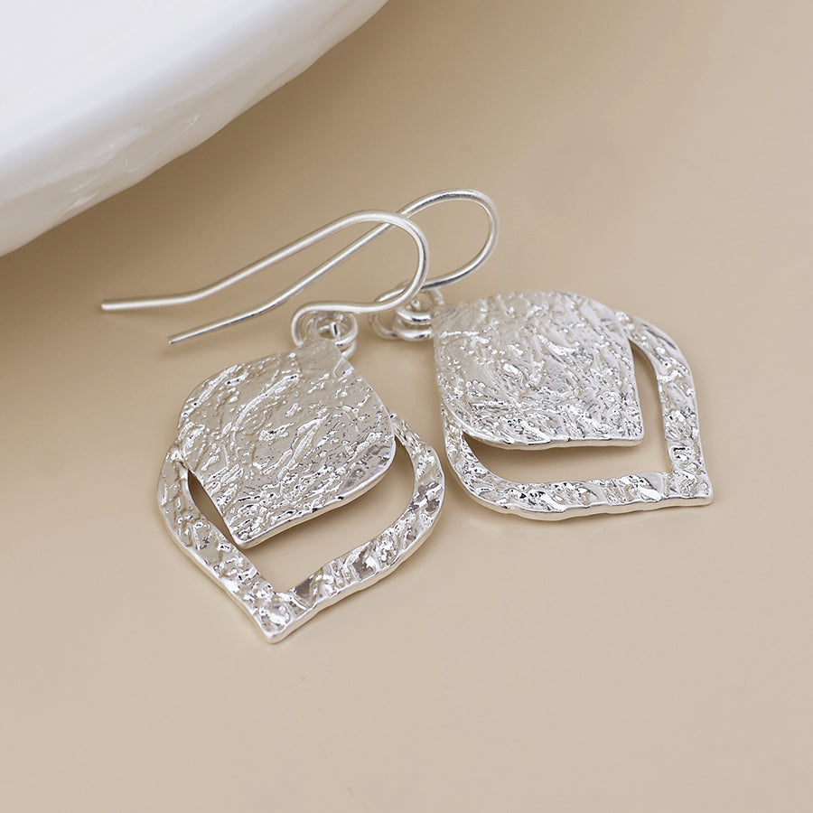 POM Halo Silver foil textured layered leaf drop earrings