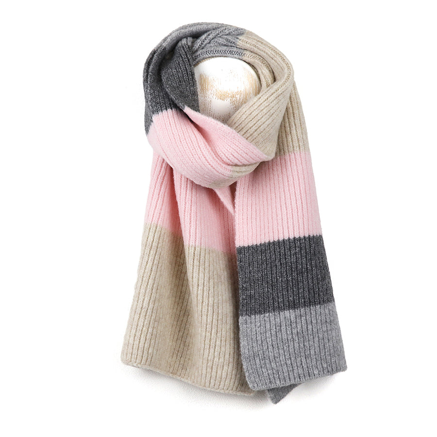POM Pink, grey, natural mix recycled blend stripe scarf
