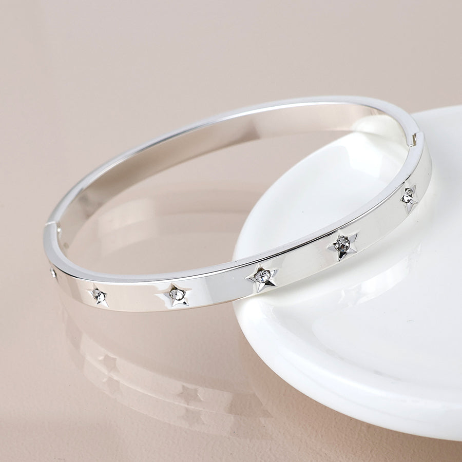 POM Silver crystal stars hinged bangle