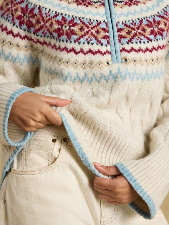 Joules Cream Cable Allaway Knit Fair Isle Half Zip Jumper