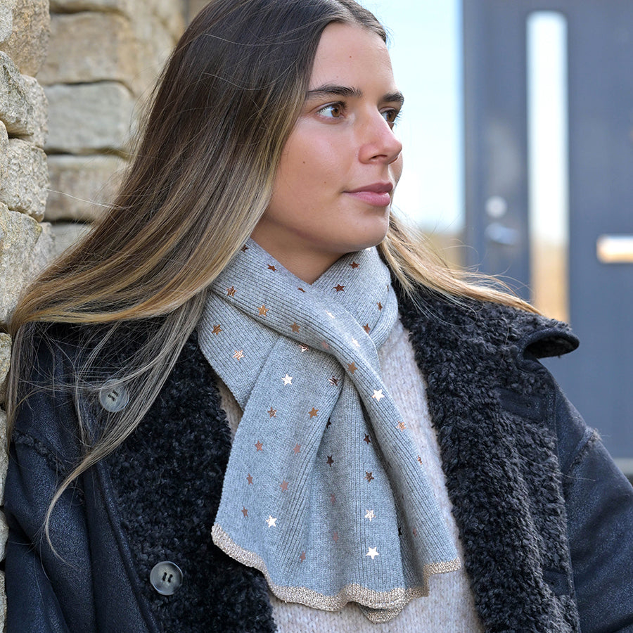 POM Grey recycled blend metallic stars pull through scarf