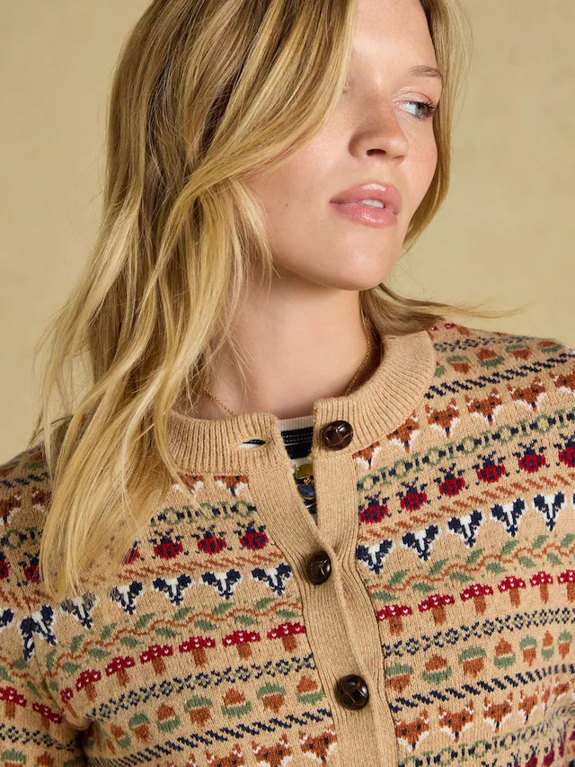 Joules Woodland Pattern Oatmeal Cotton Blend Knitted Cardigan