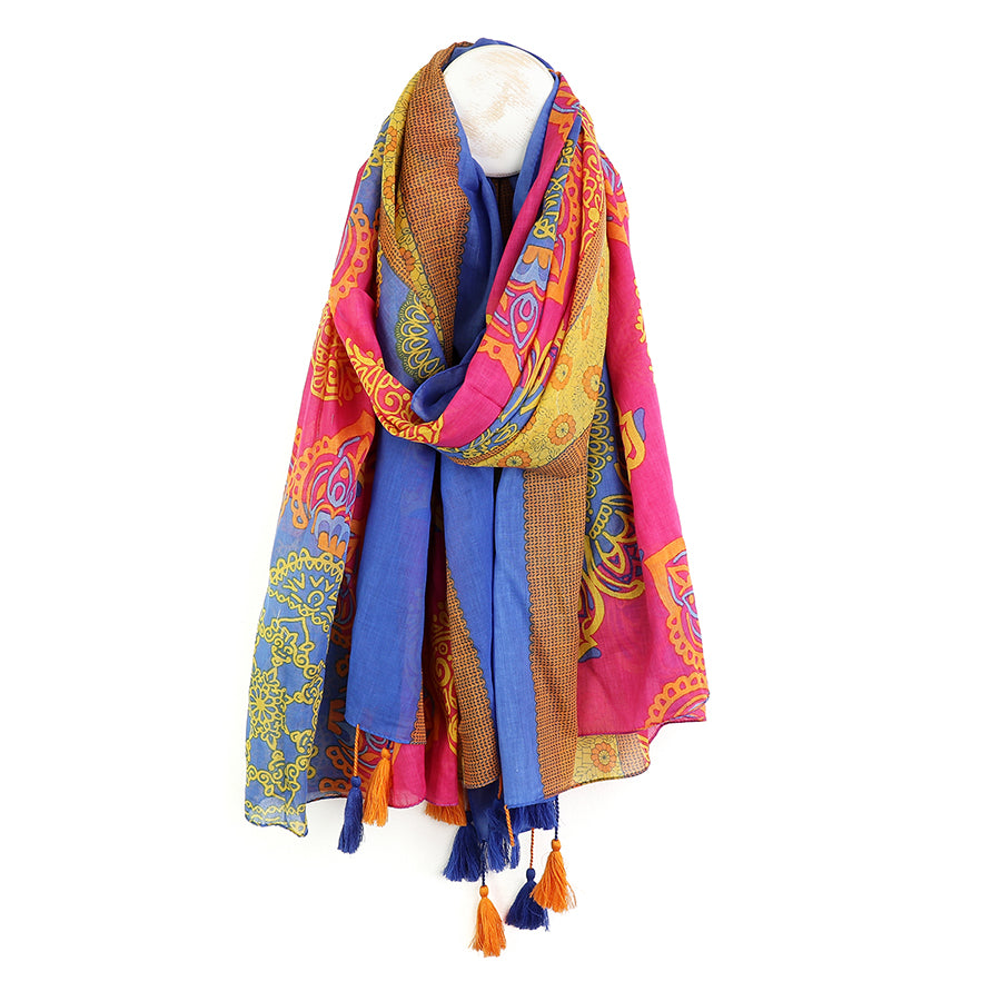 POM Bright pink and blue cotton mandala print scarf