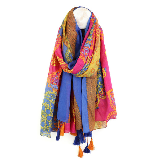 POM Bright pink and blue cotton mandala print scarf