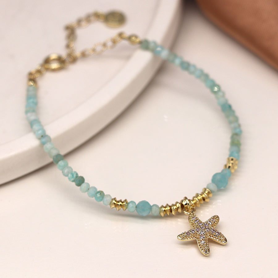 Aqua and Faux Gold Starfish Bracelet