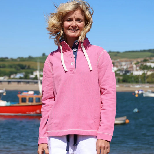 Button Neck Salmon Pink Pique Sweatshirt by Lazy Jacks